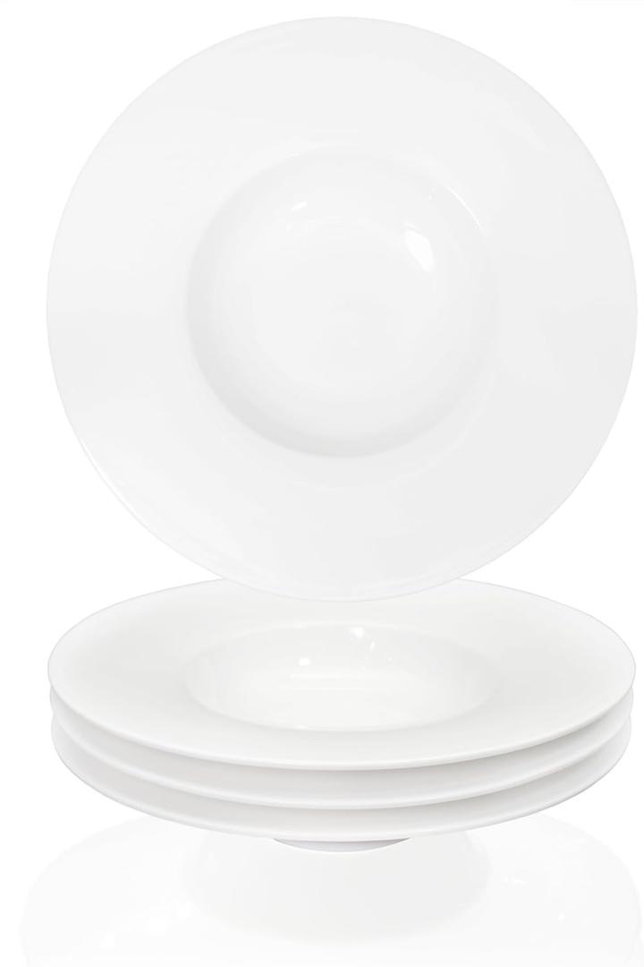 Ceramic Wide Rimmed Soup Plate, Soup Bowl 14 oz, Pasta Bowl Set of 4, White Shallow Bowl Plate with Rim, Best choice for high-end restaurants, hotels, and foodies, 12 Inch