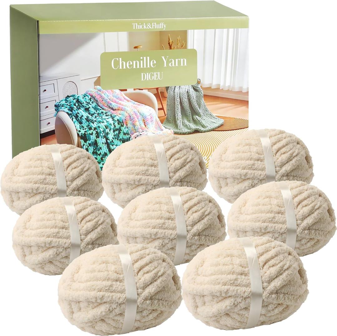 Chunky Chenille Yarn for Hand Knitting 8 Jumbo Pack Chunky Yarn for Hand Soft Blanket Knitting, Bulky Thick Fluffy Yarn for Crocheting (Light Khaki)