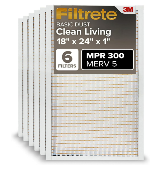 Filtrete 18x24x1 Air Filter, MERV 5, MPR 300, 6 HVAC Filters
Basic Dust & Lint, 3-Month AC/Furnace Filters, Cleaner Air, Reliable Airflow, (Act. Size 17.81x23.81x0.81 in)