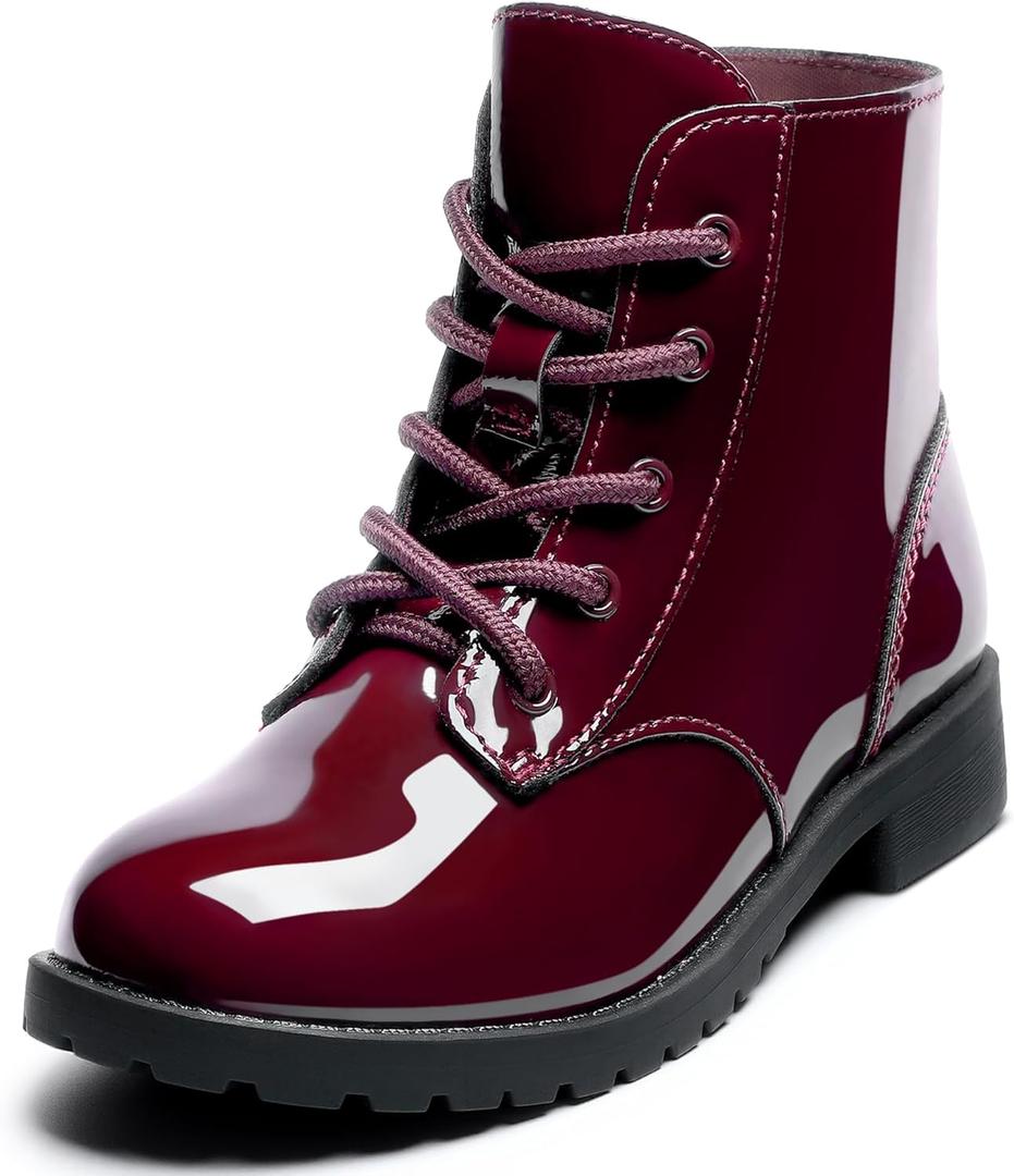 Girls Ankle Boots Lace Up Side Zipper Combat Shoes for Toddler/Little Kid/Big Kid (Red)