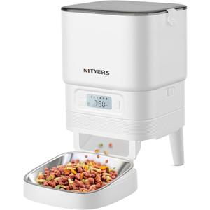 Automatic Cat Feeders - Nityers 4L Dog Automatic Feeders with Stainless Steel Bowl,1-6 Meals Per Day, Programmable Portion Size, Detachable Washable, Auto Pet Feeder for Cats and Dogs (White)