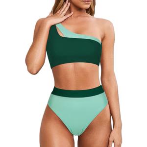MOOSLOVER Women Cutout One Shoulder High Waisted Bikini High Cut Two Piece Swimsuits (Medium, Dark Green-14)