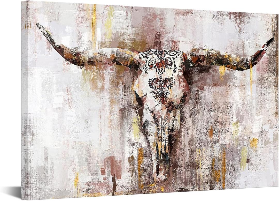 KREATIVE ARTS Vintage Brown Longhorn Cow Canvas Wall Art, Large Western Cattle Painting, Rustic Farmhouse Decor, Man Cave and Home Office Decoration, 24"x36'' Ready to Hang