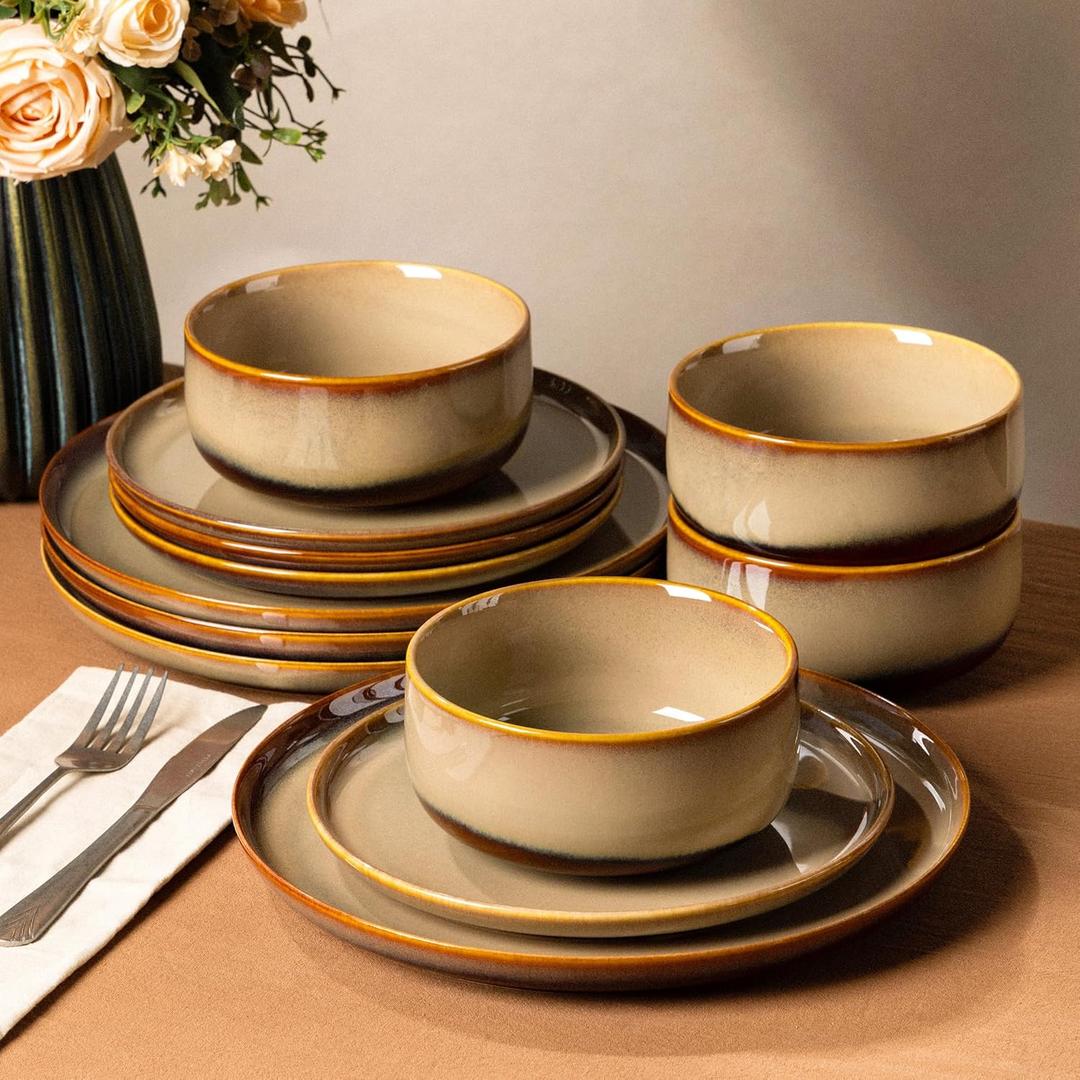 TheTerra Ceramic Dinnerware Sets for 4, 12 Pieces Handmade Reactive Glaze Plates and Bowls Set, Scratch Resistant Dish Set, Oven & Microwave & Dishwasher Safe, Creamy Amber
