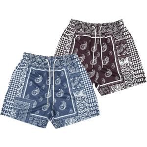 MECH-ENG Men's Paisley Shorts (2 Pieces) Mesh Graphic Bandana Print Boho Summer Beach Lightweight Drawstring Shorts (Navyblue+brown)