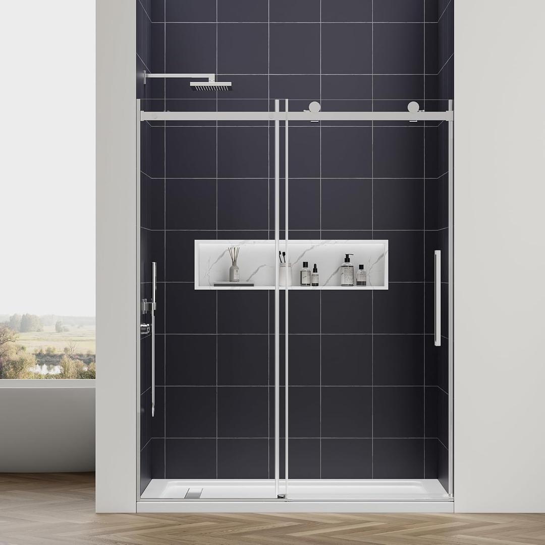 Luxury Soft Close Shower Door Sliding, 5860 W x 76 H, 3/8" (10mm) Tempered Glass Barn Door Shower Door Semi-Frameless, Nano Coating, 304 Stainless Steel, Premium Quiet Close System - Bright Chrome