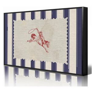 Western Cowboy Canvas Wall Art, Blue White Striped Rodeo Room Aesthetic Poster, Rustic Mid Century Horse Riding Painting, Red Cowboy Rodeo Picture for Living Room Bedroom 12x16in Wrapped Canvas