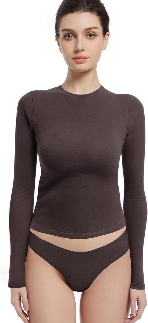 Long Sleeve Shirts for Women Crewneck Basic Tees T Shirts Fitted Crop Tops Y2k Going Out Tops (Large, Dark Coffee)