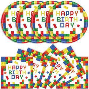 40Pcs Building Block Plates and Napkins Party Supplies, Disposable Colorful Building Block Birthday Party Plates Napkins Tableware Set for Boys Birthday Party Decorations Serve 20 (Building Block)