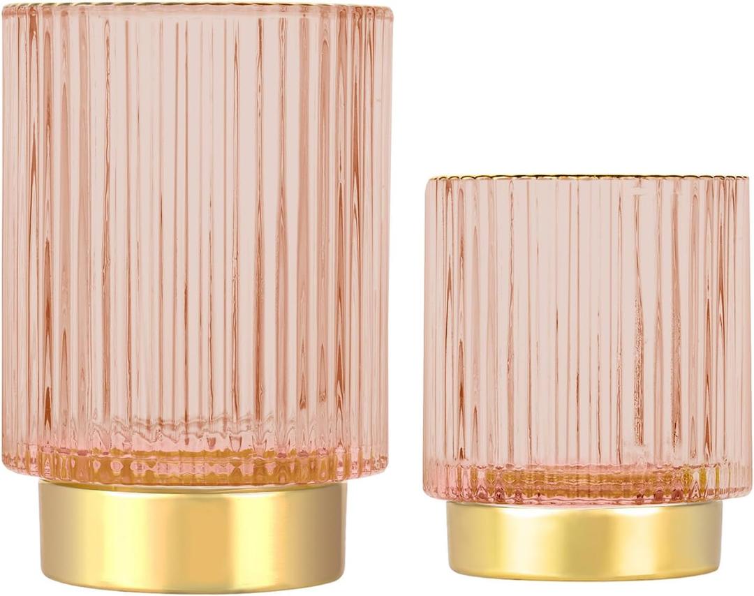 DASITON Makeup Brush holder Organizer,Crystal Cosmetic Makeup Brush Glass Brushes Storage Holder, Vintage Make Up Brush Cup Pen Pencil Holder striped vase(Pink S+L)