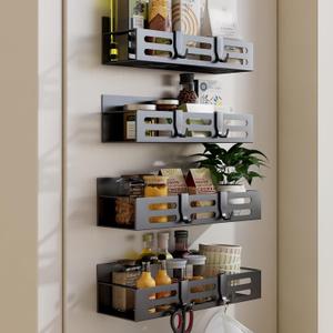 4 Pack Magnetic Spice Rack for Refrigerator, Black Magnetic Shelf and Fridge Kitchen Storage Cabinet Organizers Seasoning Organization Mini Shelves, Organizadores de Cocina