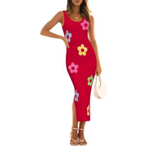 ZESICA Women's Summer Knit Bodycon Midi Dress 2026 Sleeveless Floral Crewneck Color Block Long Beach Party Dresses (Red, XL)