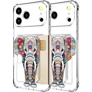 Hungo Compatible for iPhone 17 Pro Max Case Wallet with Card Holder,Ultra Thin Slim Cute Girly Skin Cases Protector with Airbag Bumper for Women Girls (Clear Mandala Floral Elephant)