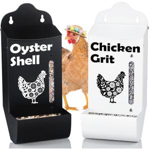 CluckRoots Chicken Grit and Oyster Shell Feeder Combo, No-Spill Weatherproof Heavy-Duty Design, Lift-Off Wall-Mounted Metal Dispenser w/View Window, Chicken Coop Accessories Gifts for Lovers Women