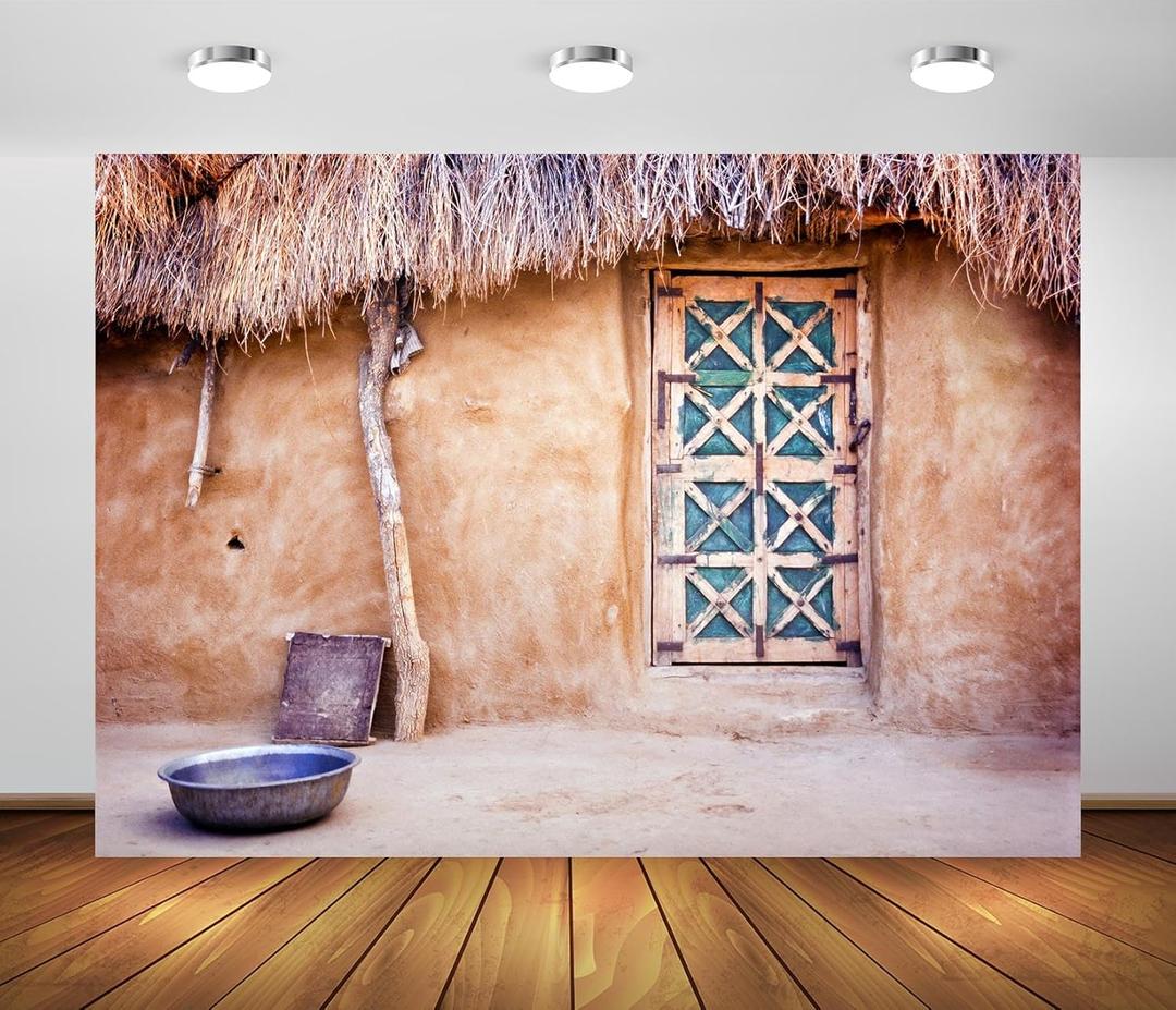 BELECO 10x8ft Fabric Indian Village Hut Backdrop Great Thar Desert Straw House Rustic Wooden Door Background Indian Holiday Background Party Decorations Photo Studio Props (N5-a19654)