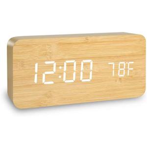 Battery Powered Digital Clock for Bedroom and Living Room Decor, Nightstand Clock with Voice Control Function Dual Display Time(12/24h) and Temperature(C/F), Office Wood Dcor(Wooden)