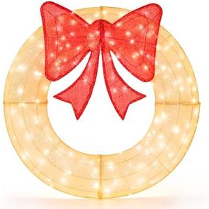 Tangkula 48 Inch Lighted Christmas Mesh Wreath, Pre-Lit Festive Wreath w/Large Bow & 200 LED Bulbs, Hooks & Zip Ties Included, Weatherproof Festive Decoration for Indoor Outdoor