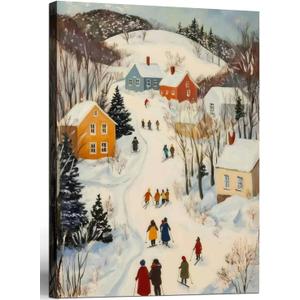 Framed Winter skiing Scene Canvas Wall Art Nordic Landscape Painting Print Poster Picture Gallery Wall Decoration Living Room Bedroom Dining room 12X16 Inch Ready to Hang (16L" x 12W")