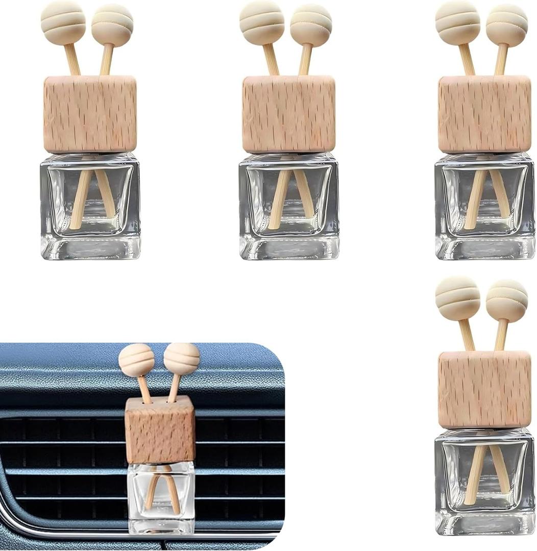 4 PCS Car Diffuser Bottles Empty, Wooden Caps Stick Fragrance Ornament with Vent Clip, Refillable Glass Diffuser Bottles, Universal for Most Cars, Trucks, SUVs (Transparent)
