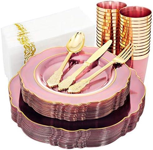 KIRE 210Pcs Clear Pink Plastic Plates with Gold Rim - Disposable Gold Silverware &Pink Cups&Hand Napkin - Plum Colored Plastic Dinnerware for Upscale Wedding & Mother's Day