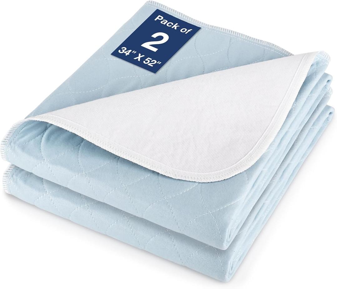 2 Packs Reusable Incontinence Bed Pad, 52" x 34" Washable Pee Pads, Waterproof Bed Pad & Pet Pad, Perfect for Kids, Adults, The Elderly and Pets (Light Blue)
