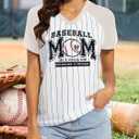 Baseball Mom Shirts for Women - Oversized V Neck Baseball Jersey Shirt Stripe Graphic Print Casual Tops Tees (Pink, L)