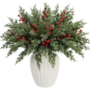 40 Pcs Artificial Pine Branches with Red Berry Picks 11" Winter Christmas Greenery Fake Juniper Leaves Norfolk Pine Stems Needles for DIY Craft Wreath Garland Vase Filler Home Decoration (40, Green)