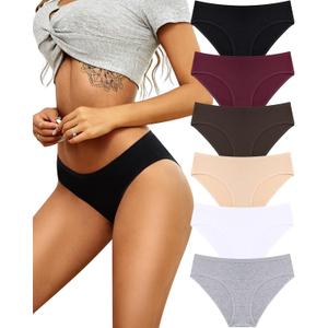 ALL OF SHE Womens Underwear Cotton Hipster Panties Breathable Sexy Cheeky Stretch Soft Ladies Bikini Underwear 6 Pack S-XXL (Large, Black/Skin Tone/Dark Red/White/Mocha/Gray)