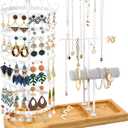 Jewelry Organizer Stand with Bamboo Base, Metal Rotating Earring Holder Organizer, Multi-Functional Adjustable Necklace Rack Holder Bracelet Watch Holder for Jewelry Earrings Ring