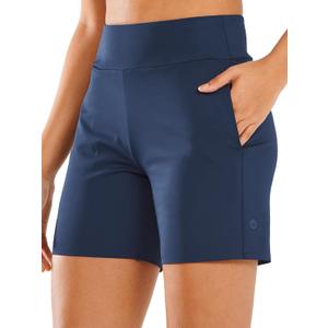 ALLZERO Feel Fit Women's Athletic Shorts 6" with Zip Pockets High Waisted Bermuda Shorts for Women Walking Running Casual (Navy) S
