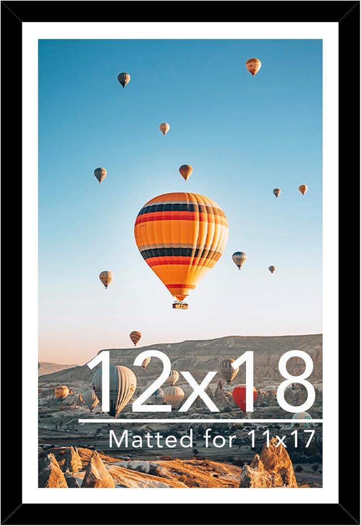 JCJMY 12x18 Picture Frame with 11x17 Mat, Display Photo 11x17 with Mat or 12 x 18 Without Mat, Wall Hanging Large 12 by 18 Poster Frame with Plexiglass, Black