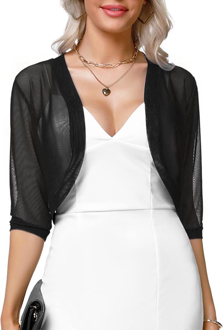 Aiboria Women 3/4 Sleeve Sheer Shrugs Open Front Mesh Bolero Cropped Cardigan S-XXL (Medium)
