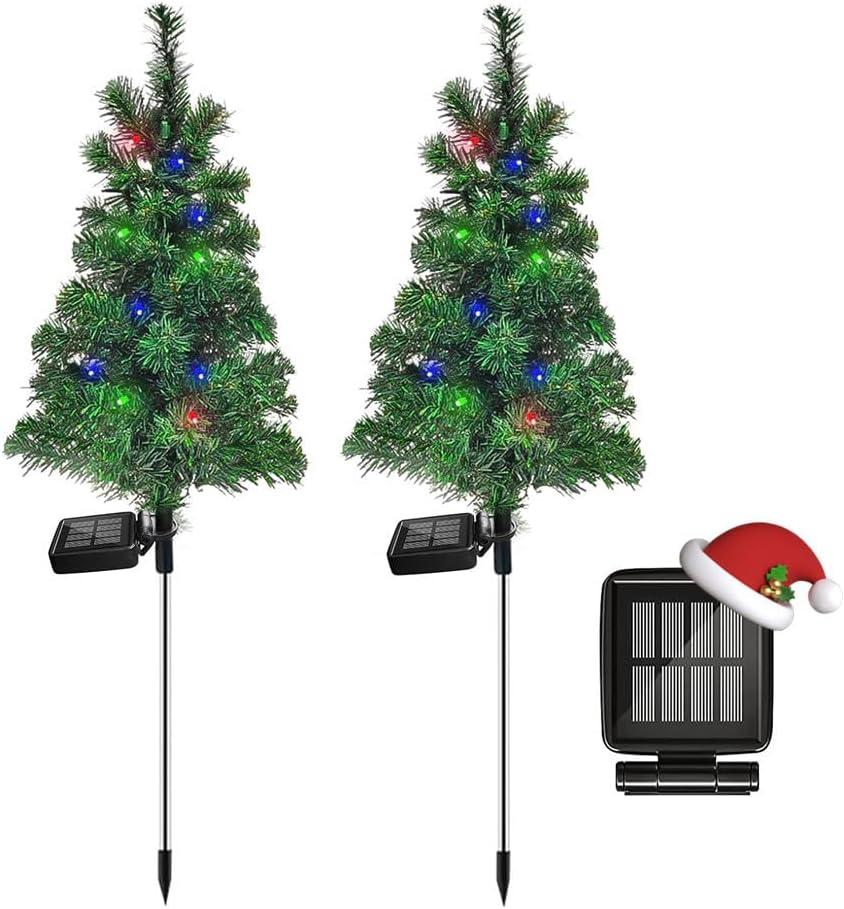 Solar Christmas Tree Garden Stake Lights Outdoor Waterproof Pathway Lights Xmas Tree Light for Lawn Patio Yard Front Porch Christmas Decor 2pcs