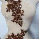Beaded Lace Applique Pair with Claw Rhinestones & Glass Crystals, Hand-Embroidered Sew on Patch for Bridal Dress/Costume Decoration (Brown)