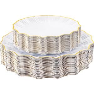 Rubtlamp Heavyduty 60Pcs Gold Plastic Plates - White Scalloped Plates with Gold Trim - Fancy plastic plates- 30 Dinner & 30 Dessert Platos for Party, Wedding (30 Guests)