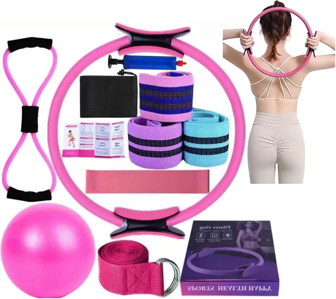 Pilates Essentials Kit for Women, Yoga Sets at Home for Women, Pilates Rings Booty Bands, Hip Exercise Band Yoga Ball 25cm Figure 8 Resistance Band for Stretching