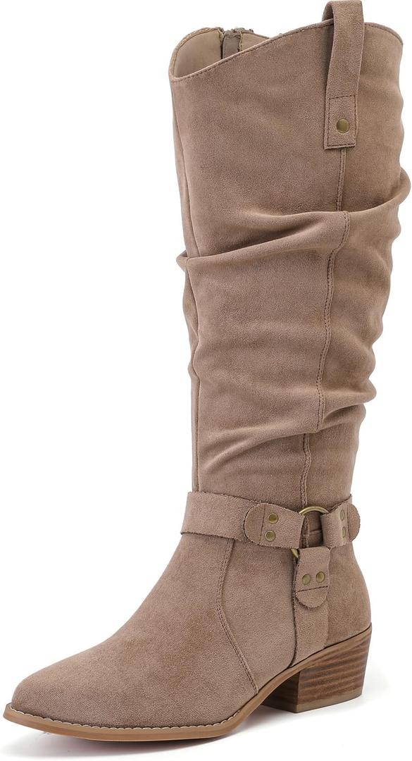 Luoika Women's Extra Wide Calf Knee High Boots, Wide Width Slouchy Knee-High Boots Low Stacked Heel Winter Fall Plus Size Boots. 231109 Beige 9.5XW