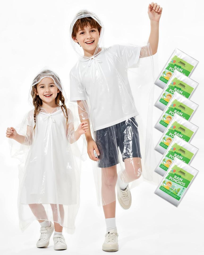 Hitituto Rain Ponchos Family Pack Kids 6/12/24 Pack Disposable Poncho with Hood, Clear & Assorted Colors, Home Survival Kits (One Size)