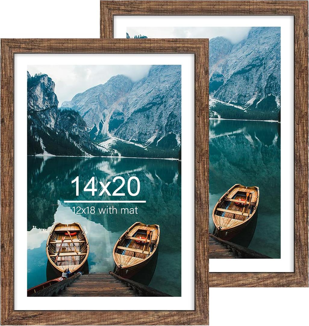 Hongkee 14x20 Picture Frame Set of 2, Rustic Brown Wood Style - Display 14 x 20 Picture without Mat or 12x18 Picture with Mat, Wall Mounting Horizontal and Vertical