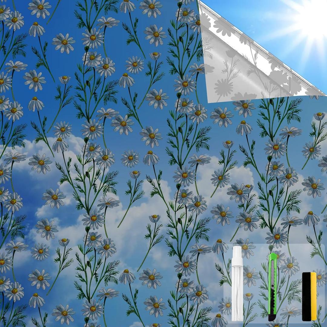 One Way Privacy Film, Window Tint for Home,Daytime Reflective, Anti UV Static Cling Sliding Door Coverings No Glue Garage Solar Paper (Black - Silver-Daisy, 23.6 x 157.4 in)