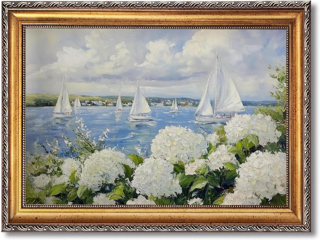 Large Framed Vintage Wall Art Sailboat Painting Nautical Seascape Landscape Canvas Print Hydrangea Flower Pictures Summer Poster Antique Lake House Decor for Living Room Bedroom Office 24x36inch