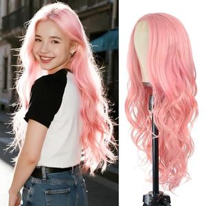 Pink Wig for Women 26 Inch Long Wavy Synthetic Wig with Middle Part Natural Looking Heat Resistant Hair Wig for Daily Wear, Cosplay, Party & Halloween