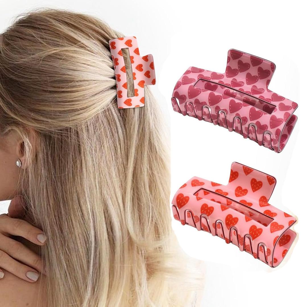 2Pcs Checkered Rectangle Multicolored Hair Claw - Strong Hold Y Hair Accessories for Thin and Thick Hair (Red Pink)