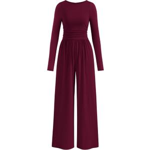 PRETTYGARDEN One Piece Jumpsuits for Women Dressy Casual Long Sleeve Crewneck Wide Leg Romper Overalls Spring Outfits 2026 (Small, Wine Red)