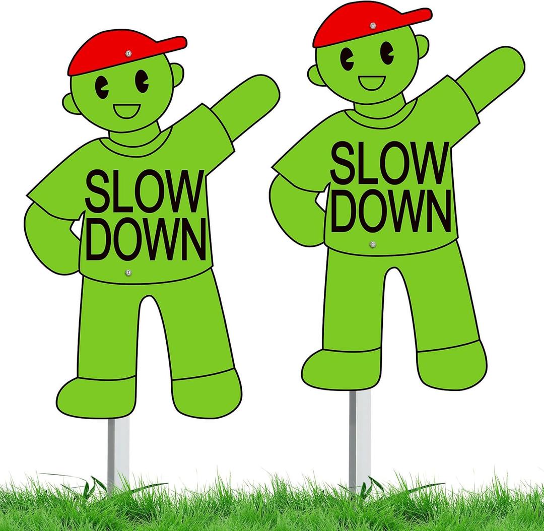Shimeyao 2 Pcs Metal Slow Down Kids at Play Sign with Stake for Street Safety Double Sided Weatherproof Children at Play Safety Sign for Street 38" Tall for Neighborhoods Outdoor Yard Lawn(Green)