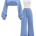 RoseSeek Girl's 3 Piece Fall Outfits Bow Graphic Cropped Sweatshirts and Baggy Sweatpants Set with Camisole Blue 11Y