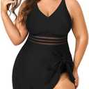 SOTHEA Women's Plus Size Tankini Swimsuits Mesh Two Piece Swim Dress Criss Cross V Neck Swimwear with Briefs 18 W