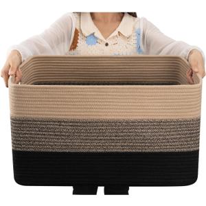 OIAHOMY Large Blanket Basket, 22x17x12 Rectangle Woven Baskets, Nursery Blanket Storage Living Room, Toy Storage With Handle, Large Baskets for Organizing-Yellow Black