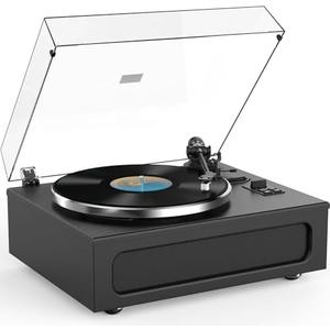 Record Player All-in-One High Fidelity Turntable for Vinyl Records with Built-in 4 Stereo Speakers Phono Preamp Bluetooth Playback Auto Stop Belt Drive with MM Cartridge AT-3600L Stylus Vintage Black