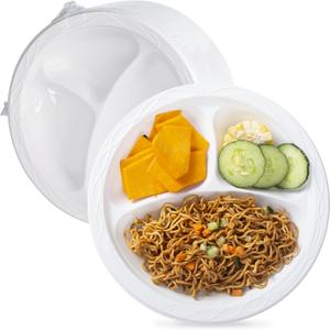 YANGRUI Plastic Plates Shrink Wrap 9" 150 Pack - BPA Free Mineral Filled PP | Reusable & Disposable Microwave Safe Heat-Retention Design | Steakhouse Grade Commercial White 3 Compartment Party Plate